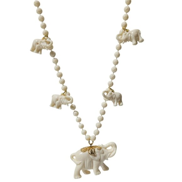 Vintage Carved Lucky Elephant Bead Necklace Gold Accents Fashion Jewelry Women - Picture 2 of 7